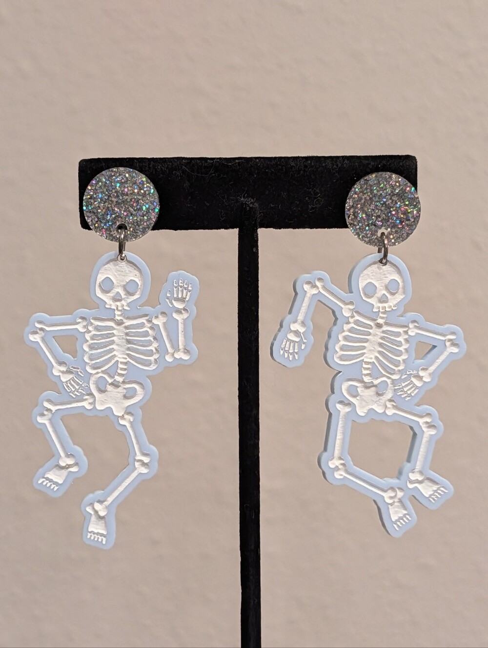 Pastel Blue Asymmetrical Dancing Skeleton Acrylic Earrings